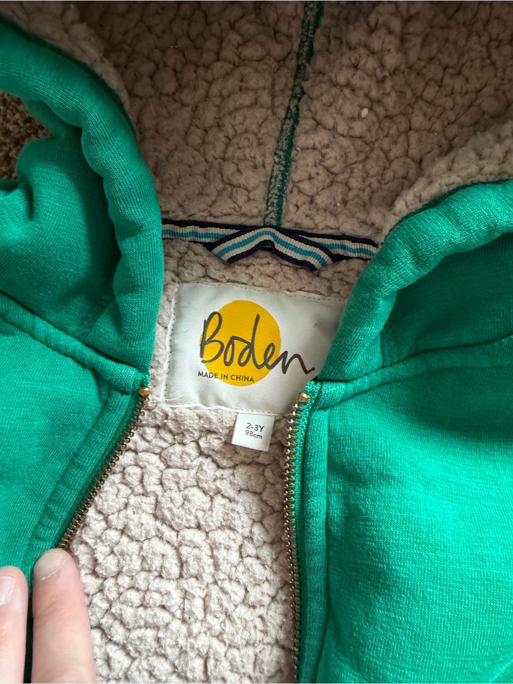 MINI BODEN Kelly Green Sherpa Lined Full-Zip Hooded Sweatshirt - Picture 4 of 6